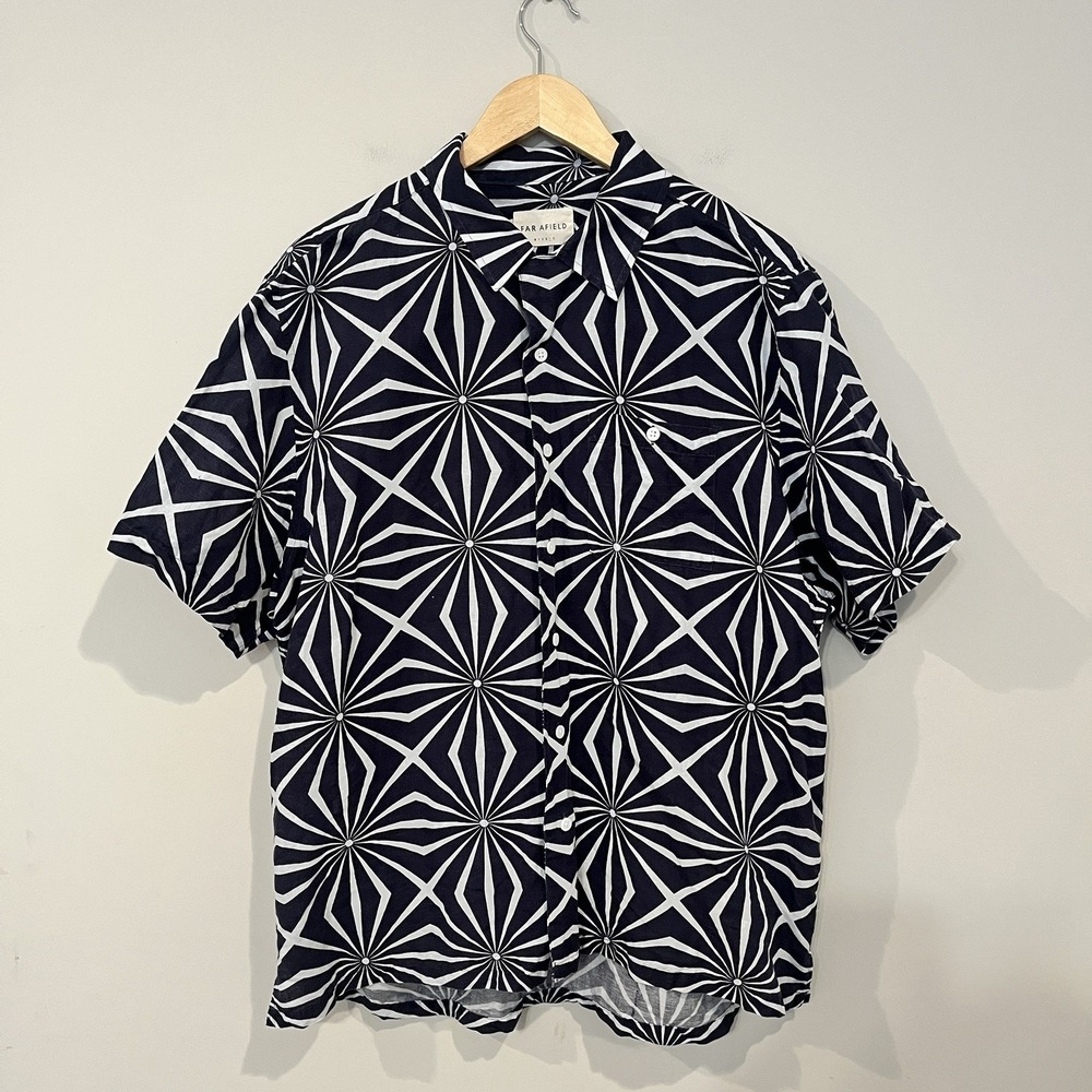 Far Afield Men's XL Blue/White Geometric Cotton Linen Short Sleeve Button-Up